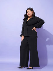 Women Black Collar Neck Top With Straight Pants