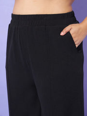 Women Black Collar Neck Top With Straight Pants