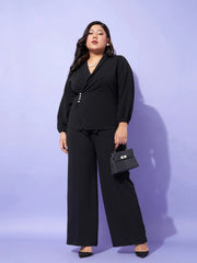 Women Black Wrap Top With Straight Pants-SFSETS95700XXL