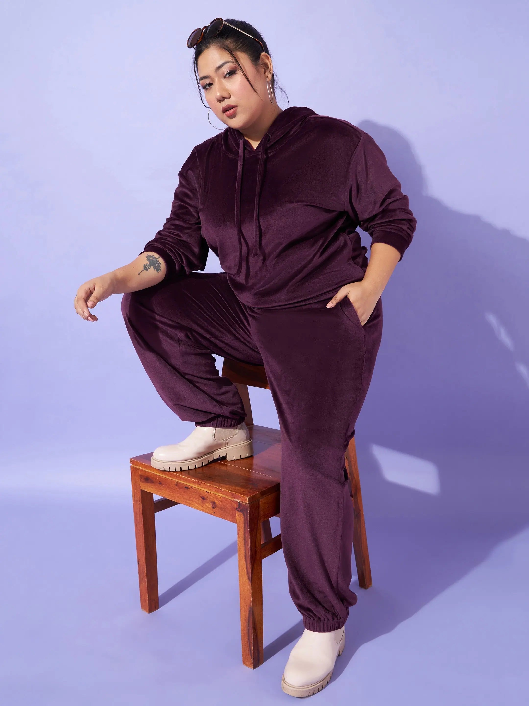 Burgundy Velour Hoodie & Joggers Set | Women's Western Wear