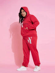 Women Red New Yoke Terry Hoodie With Joggers