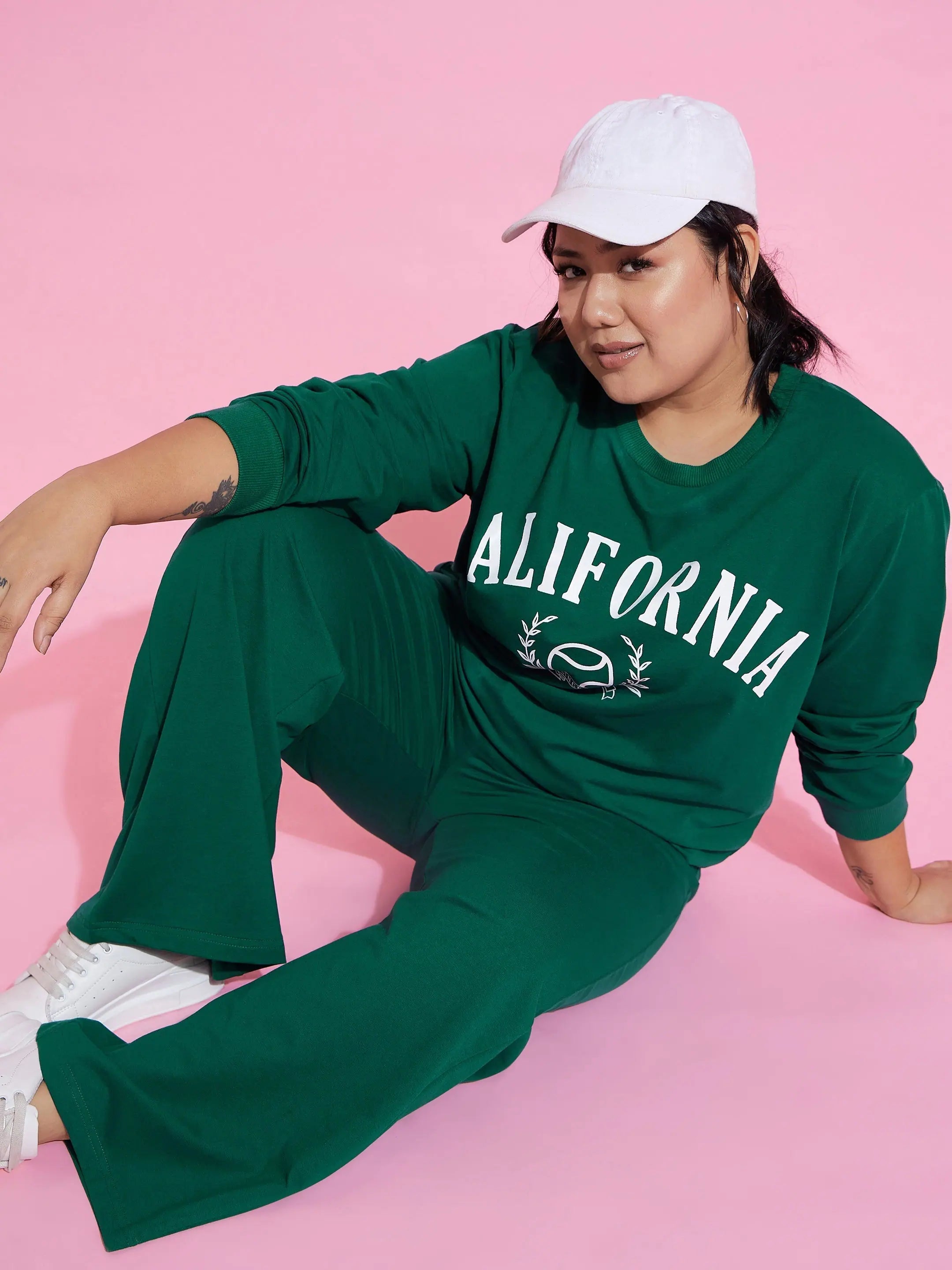 Green California Sweatshirt & Track Pants - Ethnic Lehenga Set