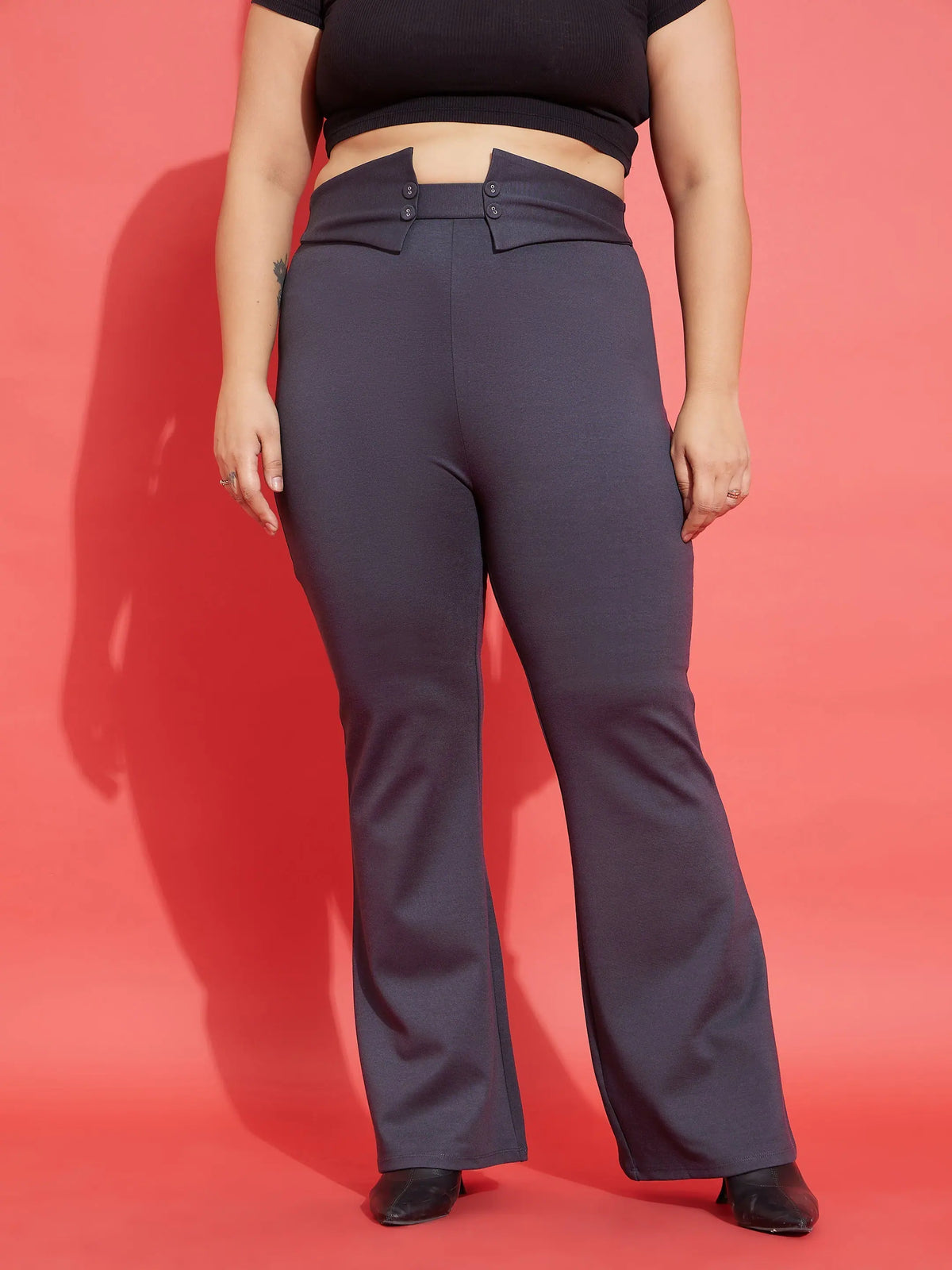 Women Grey Front Button Bell Bottom Trousers