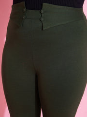 Women Olive Front Button Bell Bottom Trousers