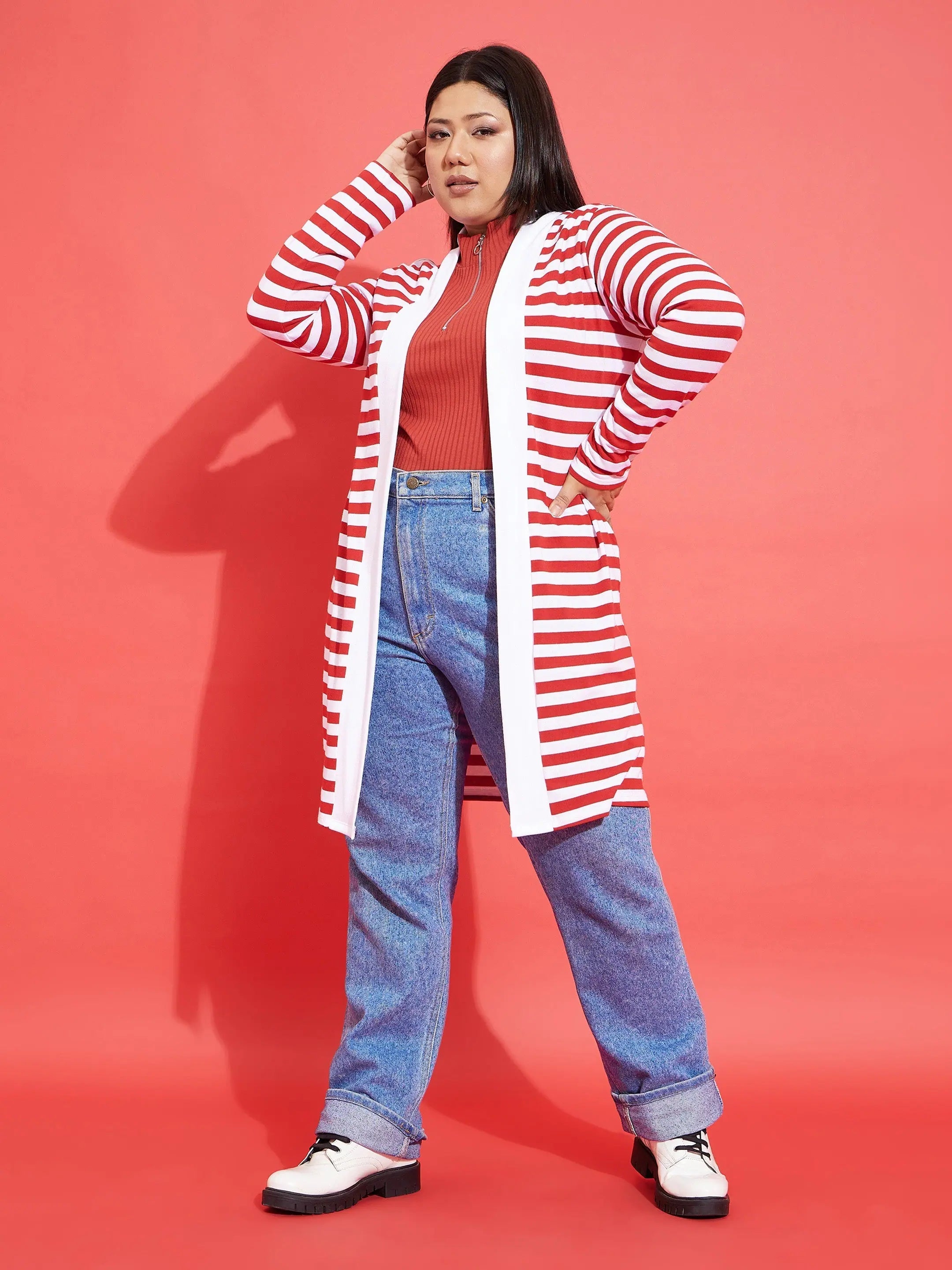 Red & White Striped Shrug | Open Front Women's Cotton Top