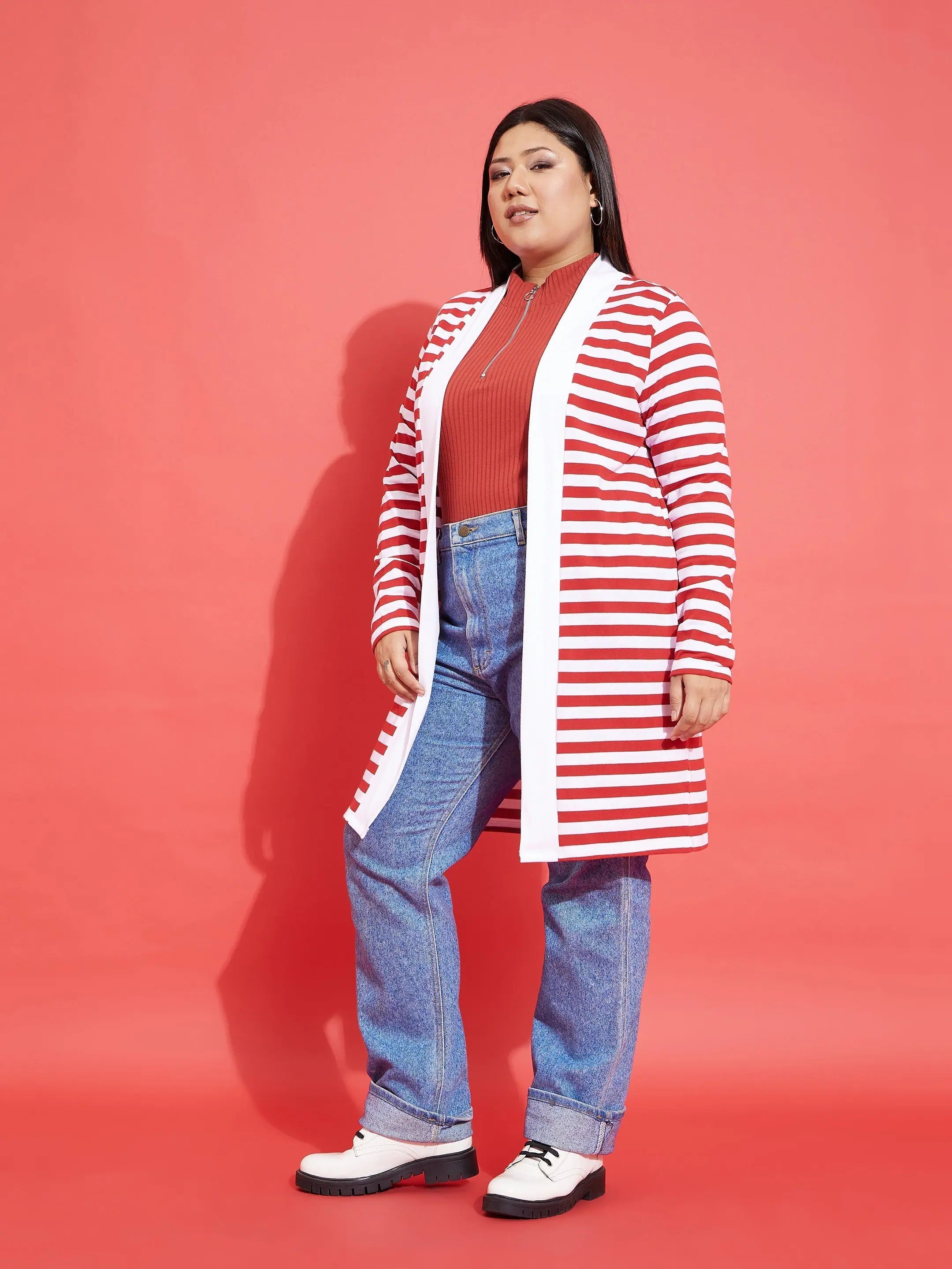 Red & White Striped Shrug | Open Front Women's Cotton Top