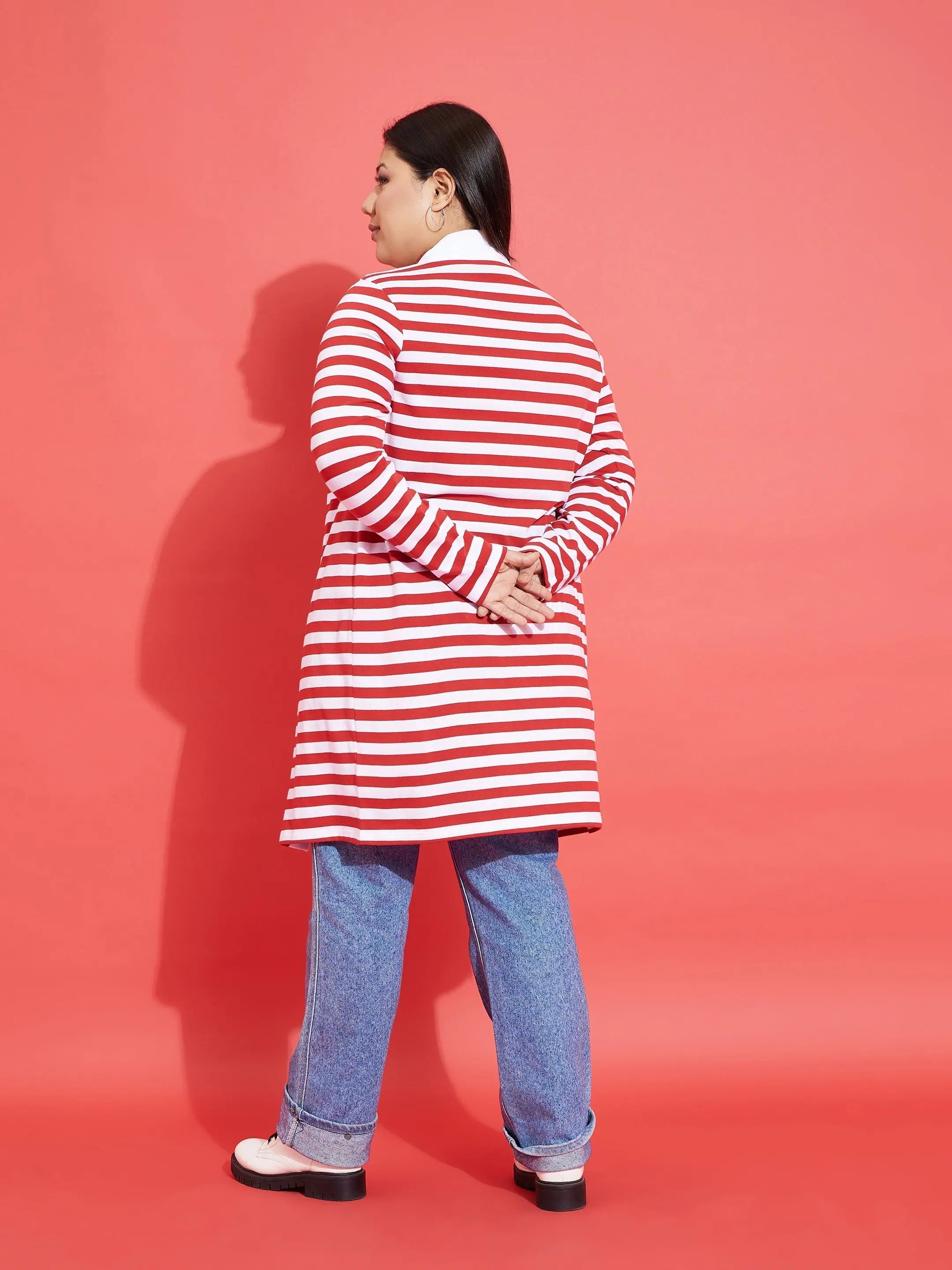 Red & White Striped Shrug | Open Front Women's Cotton Top