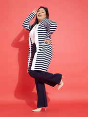 Women Navy & White Striped Front Open Shrug