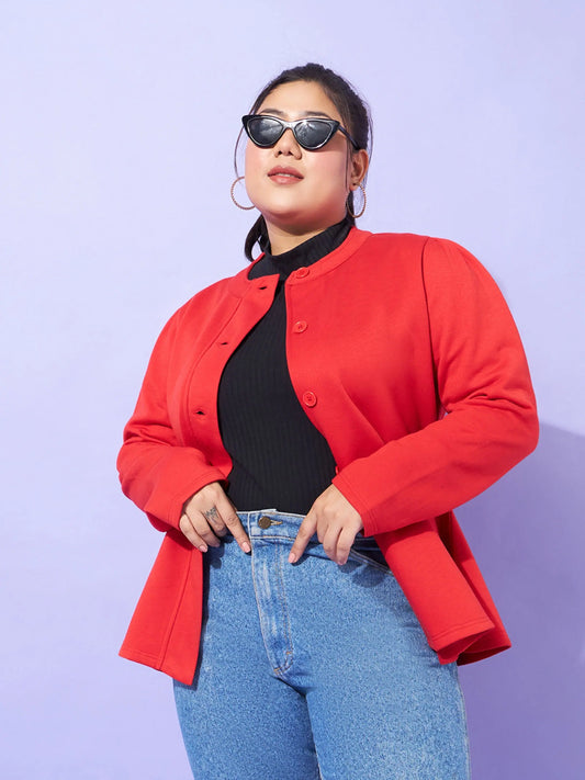 Women Solid Standard Red High Neck Full Sleeve Jacket 2160