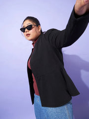 Women Solid Standard Black High Neck Full Sleeve Jacket