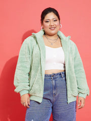 Women Solid Standard Green High Neck Full Sleeve Jacket