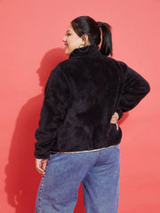 Women Solid Standard Black High Neck Full Sleeve Jacket