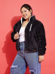 Women Solid Standard Black High Neck Full Sleeve Jacket