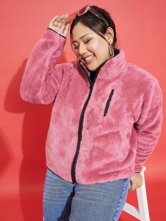 Women Solid Standard Pink High Neck Full Sleeve Jacket 2160