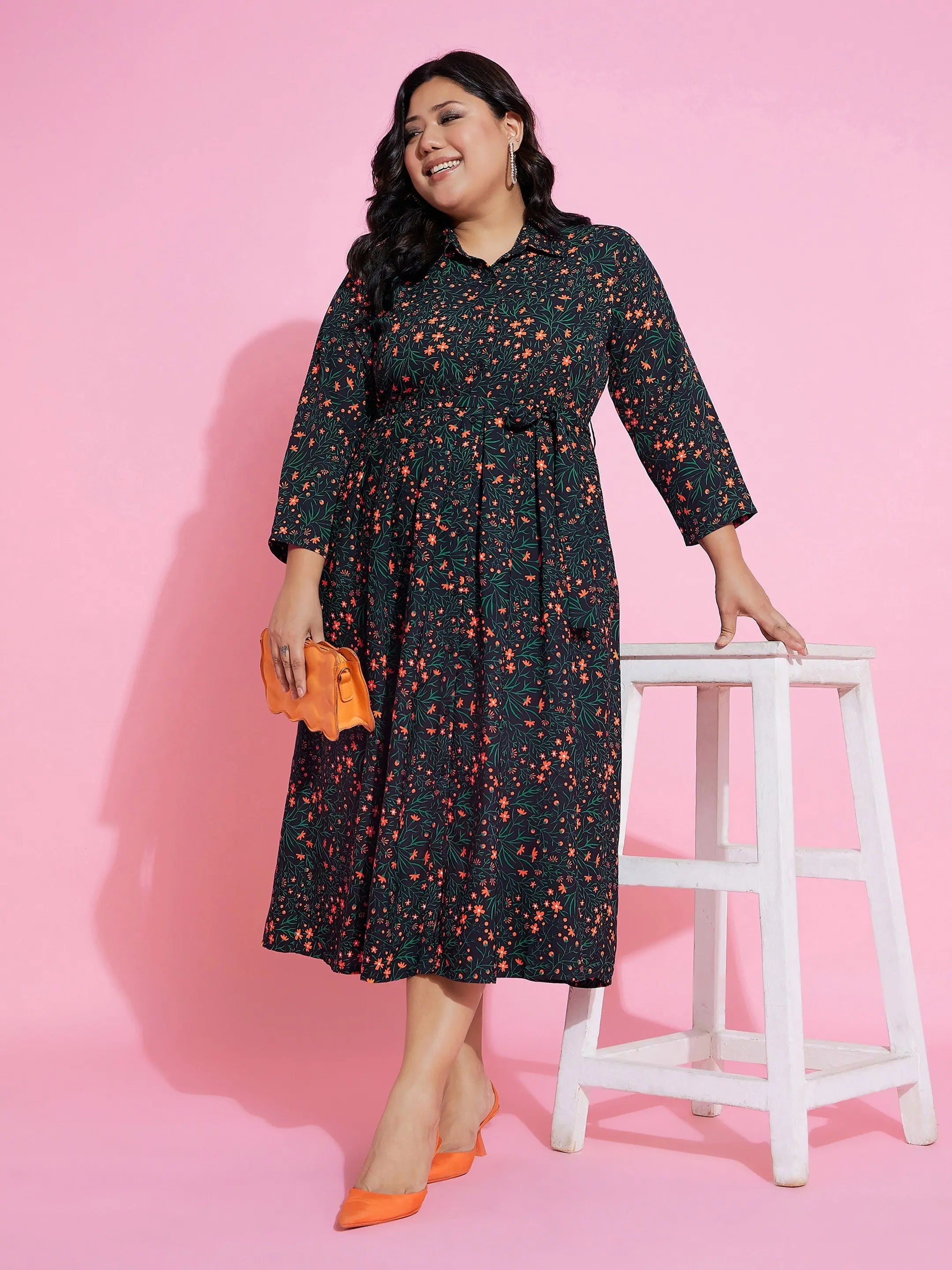 Floral Belted Shirt Dress | Women's Midi Cotton Dress