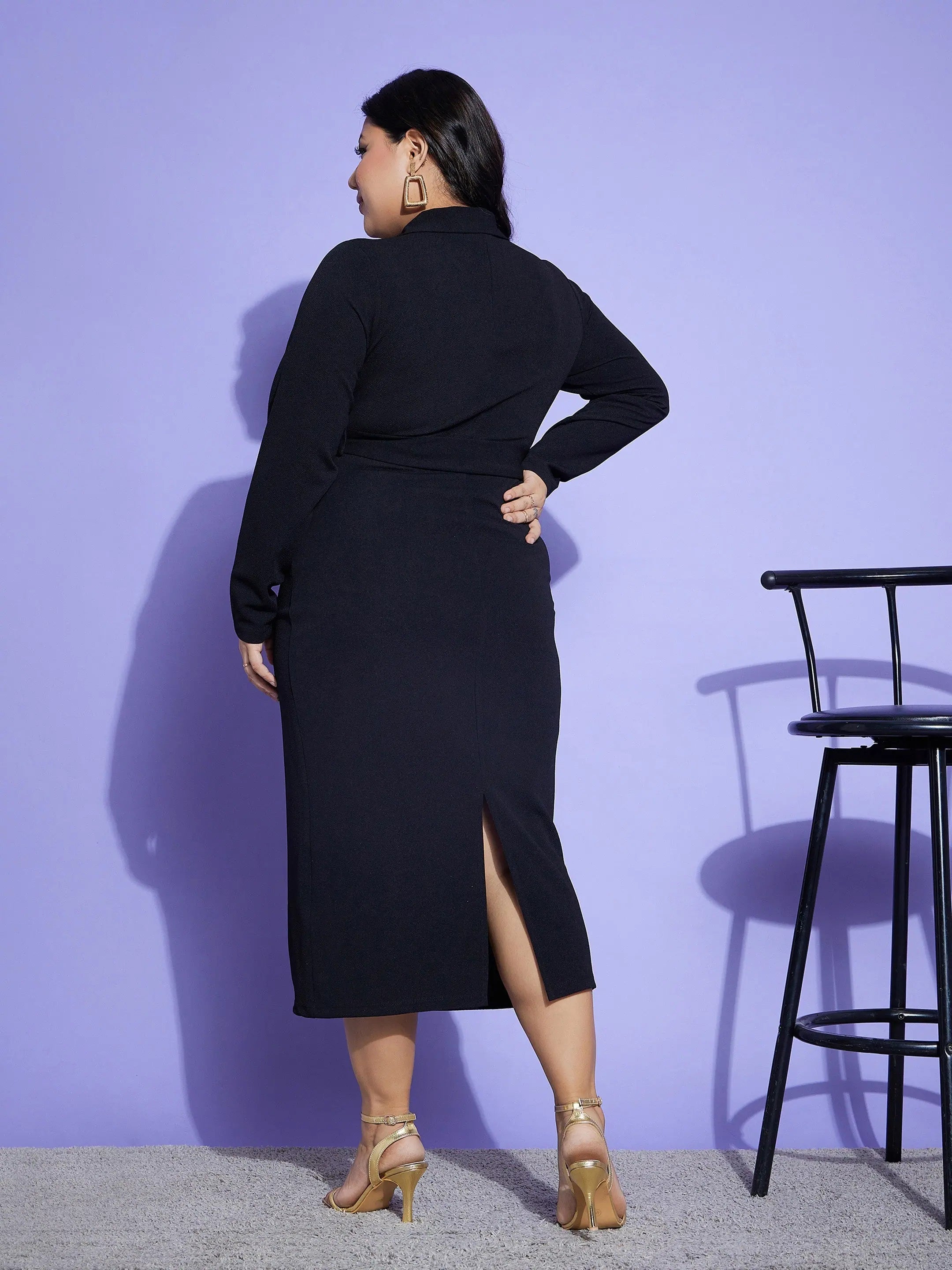 Black Zipper Belt Dress | Women's Midi Length Polyester Dress