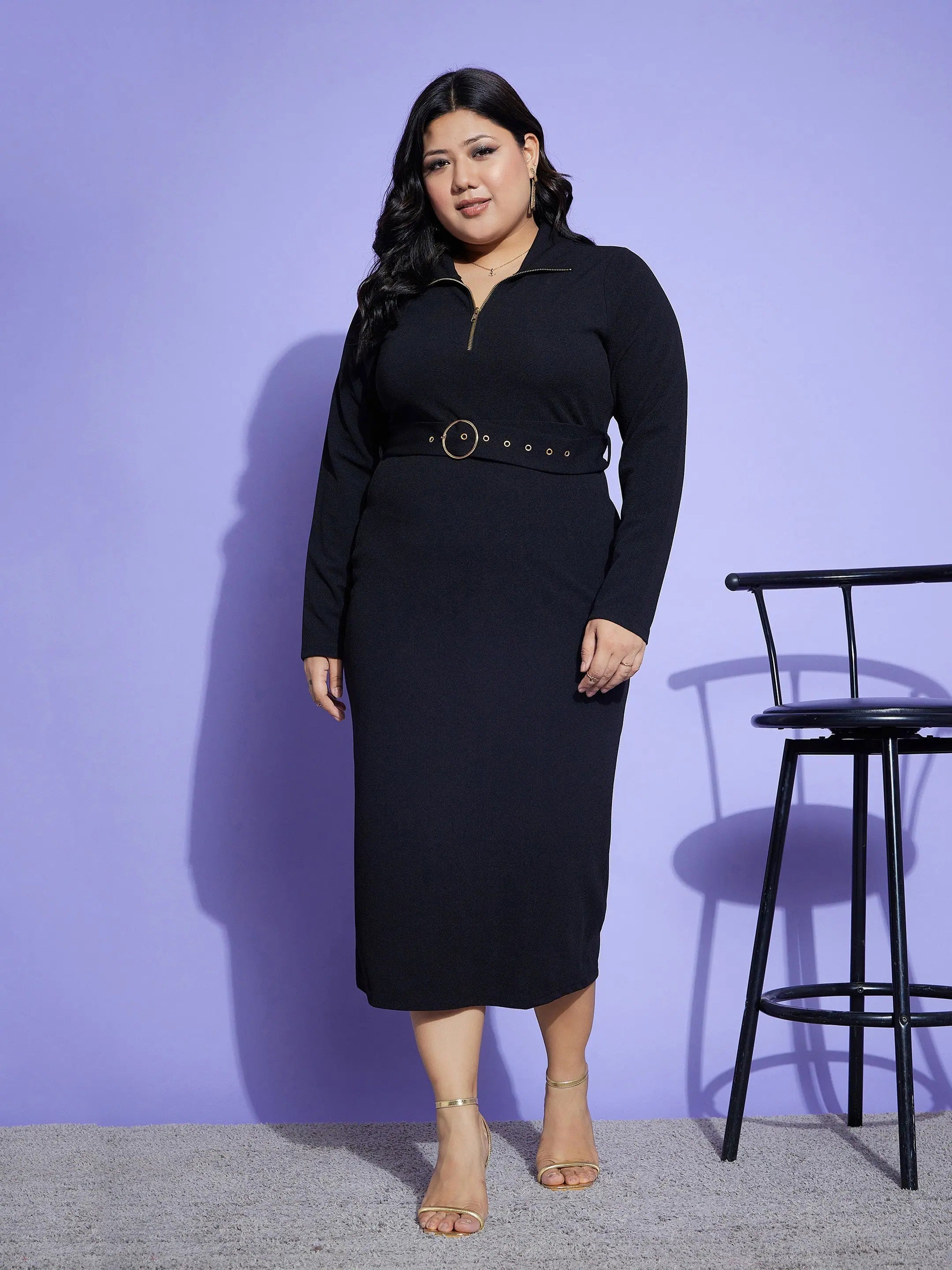 Black Zipper Belt Dress | Women's Midi Length Polyester Dress