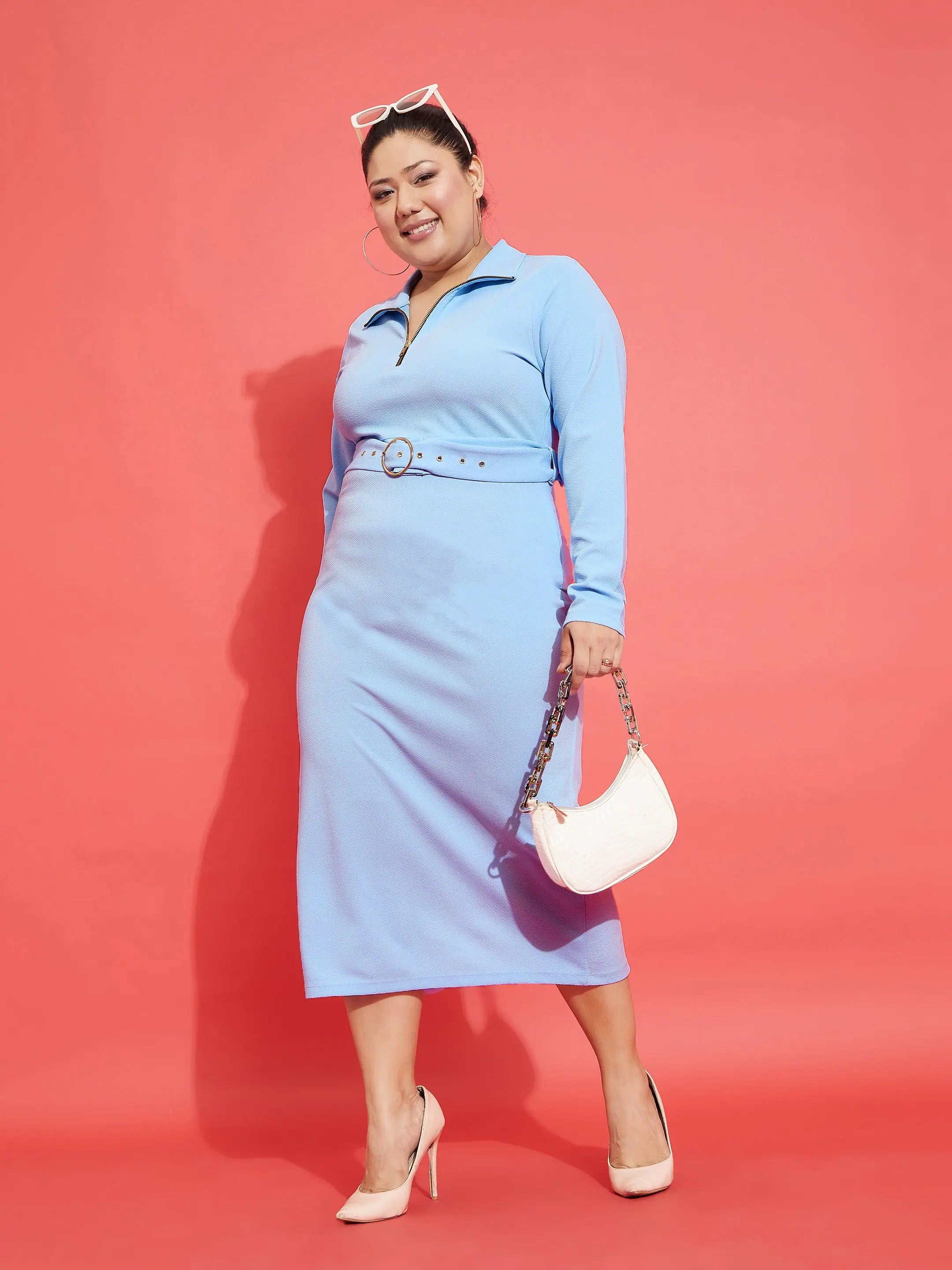 Women's Blue Zipper Dress | Midi Length, Belted Style