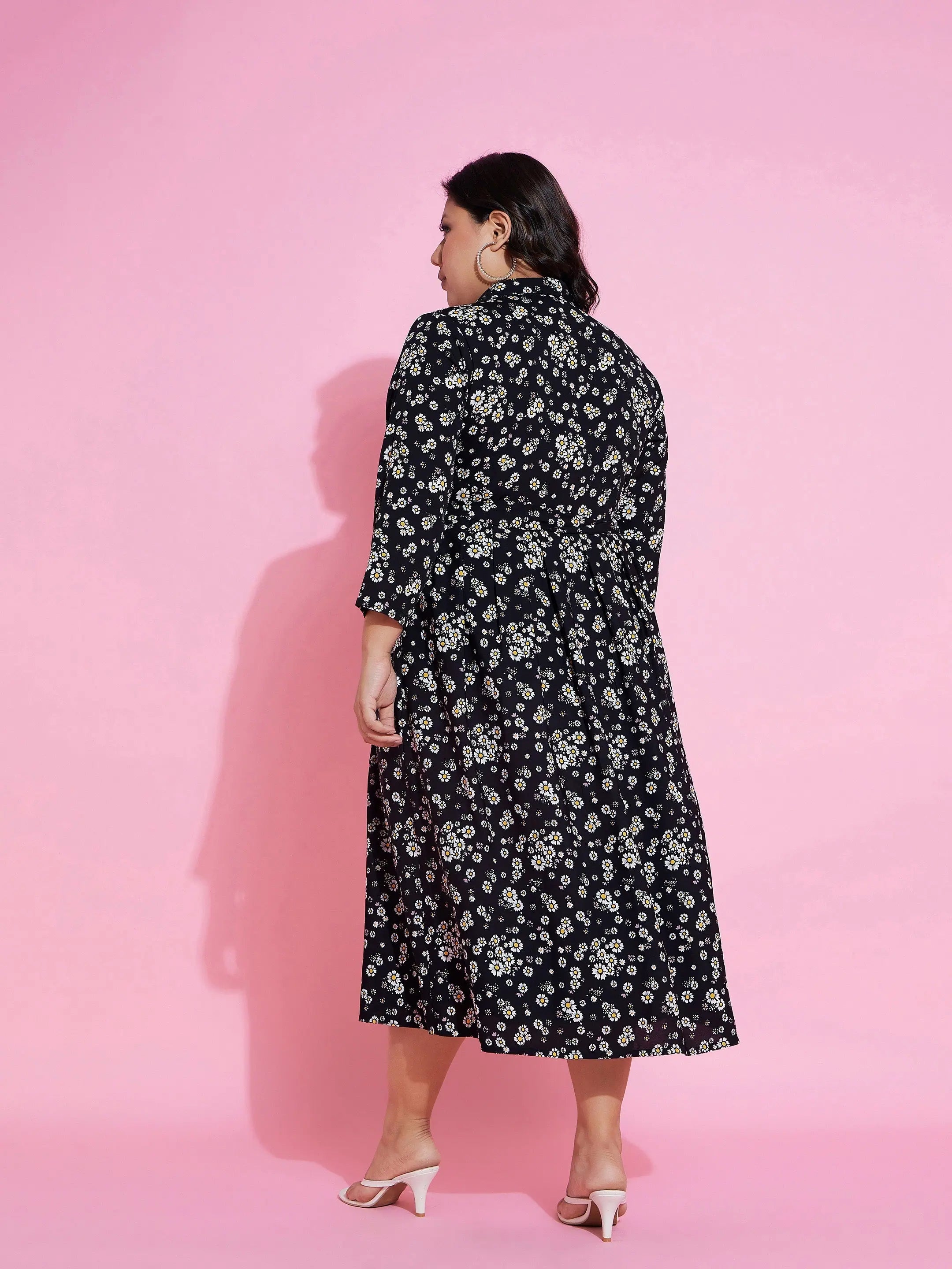 Floral Belted Midi Shirt Dress - Women's Cotton Dress