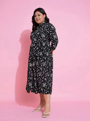 Women Black Floral Belted Midi Shirt Dress