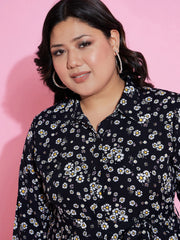 Women Black Floral Belted Midi Shirt Dress