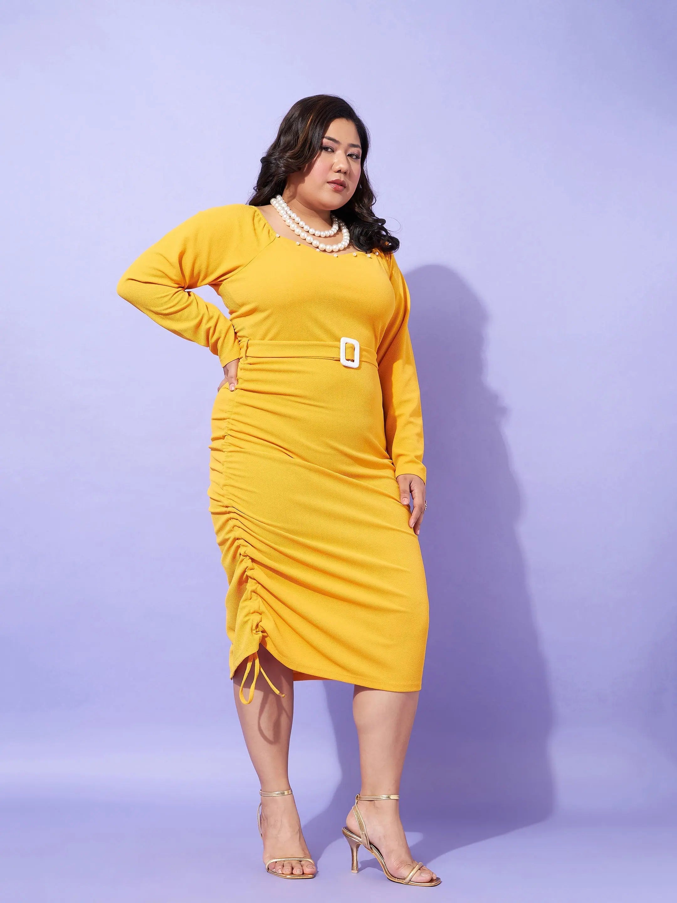 Mustard Bodycon Dress | Women's Western Wear | Square Neck