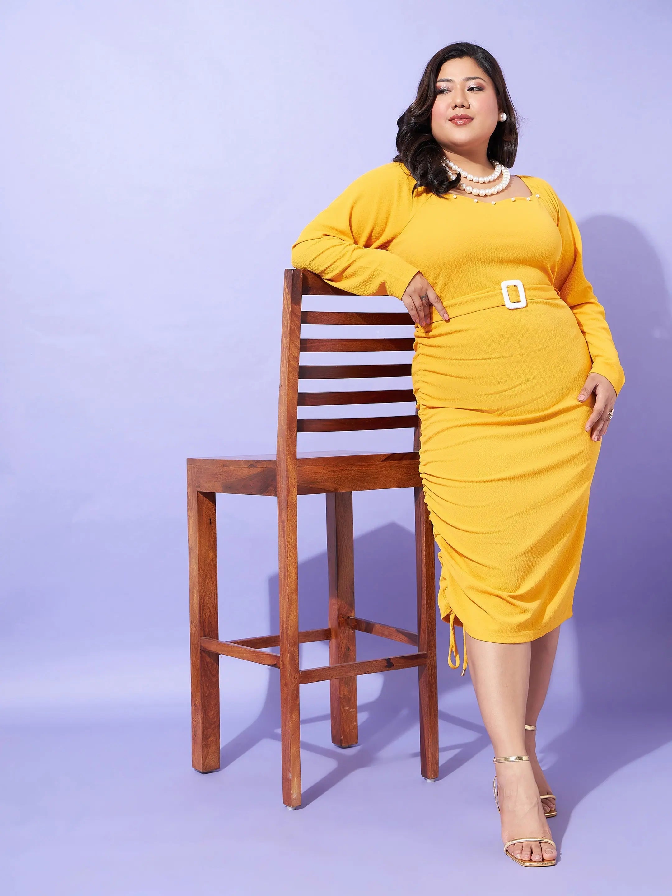 Mustard Bodycon Dress | Women's Western Wear | Square Neck