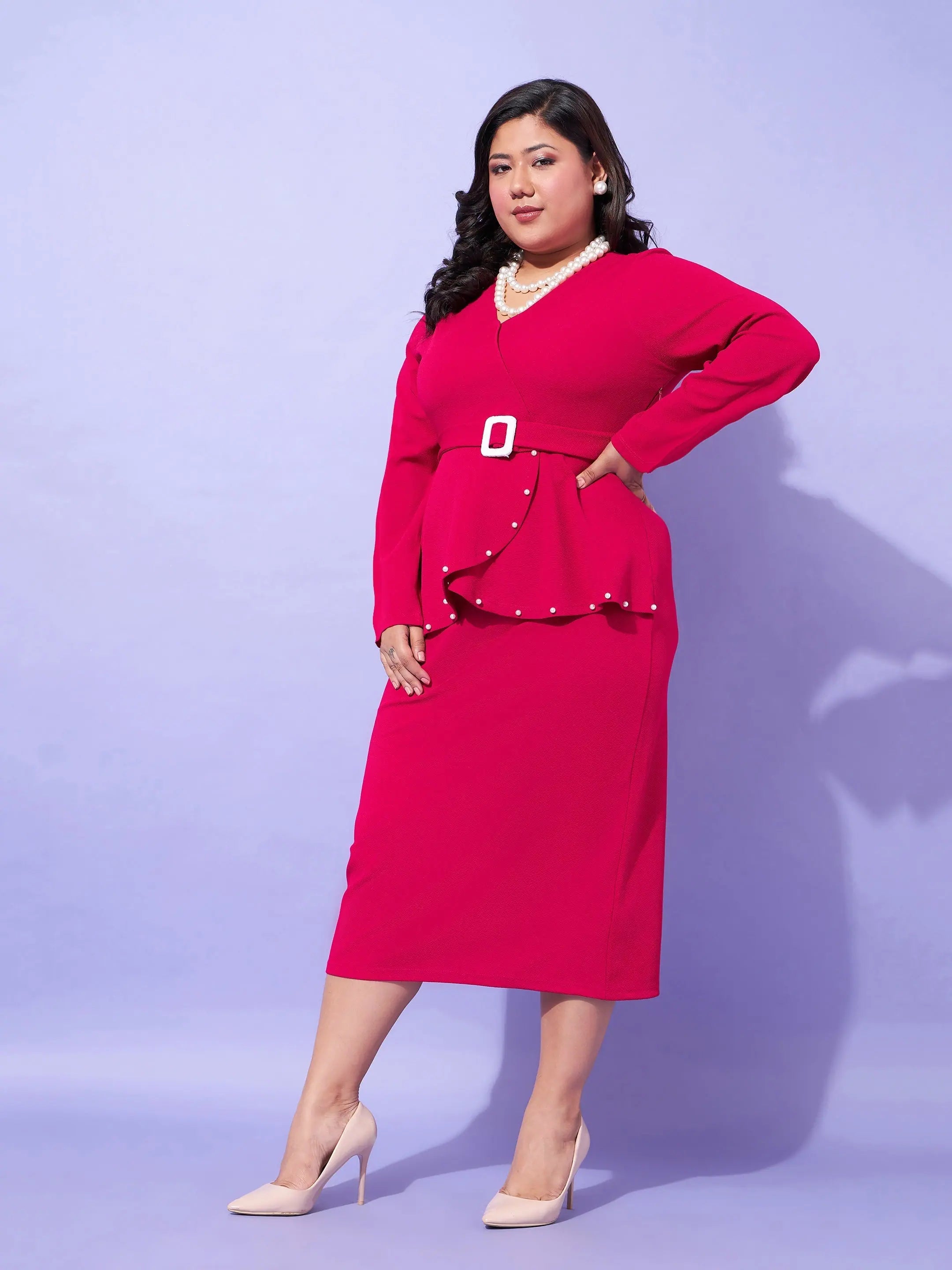 Fuchsia Bodycon Dress | Women's Peplum Knit Midi Dress