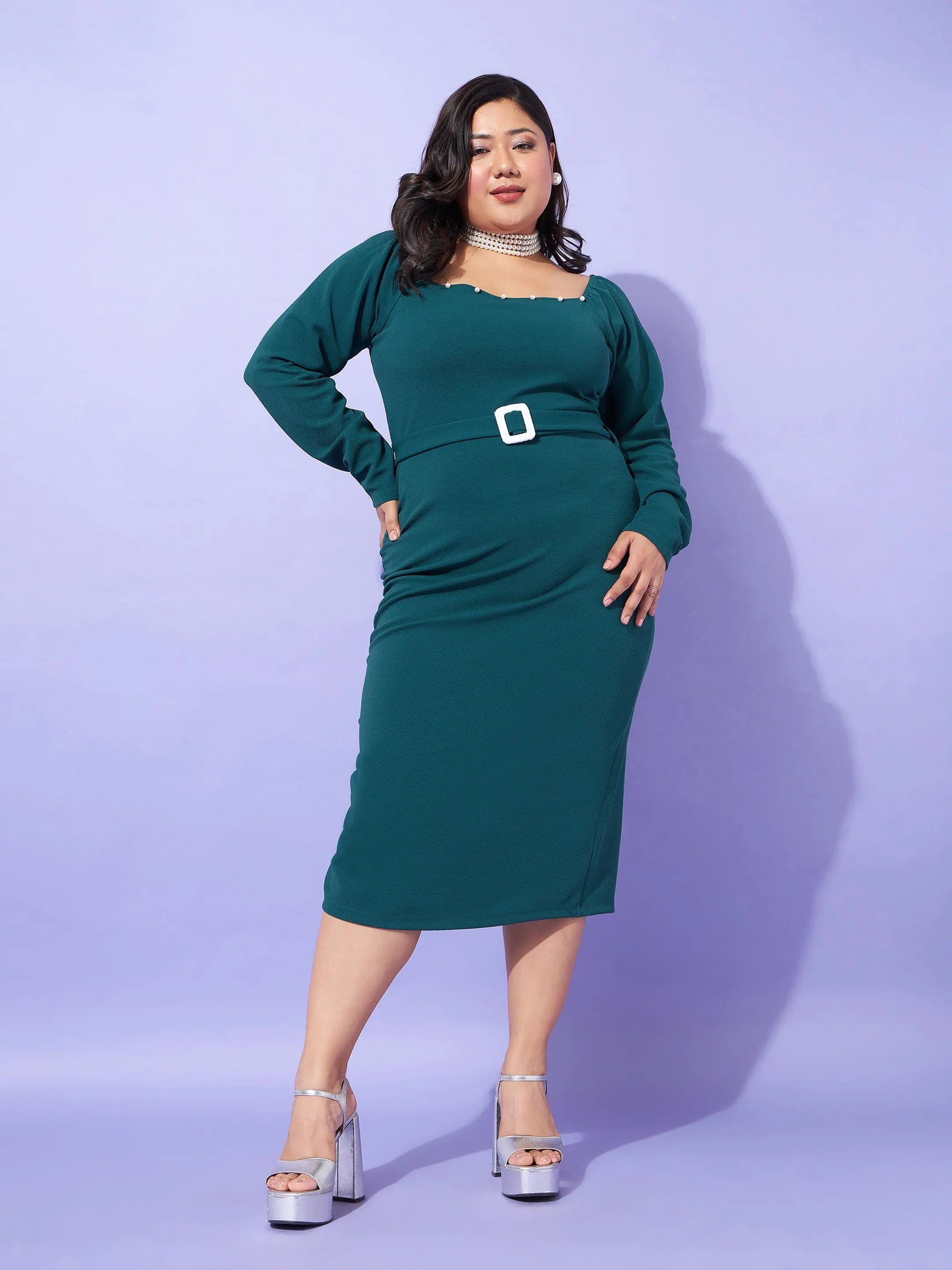Emerald Green Bodycon Dress | Square Neck Midi Women's Style