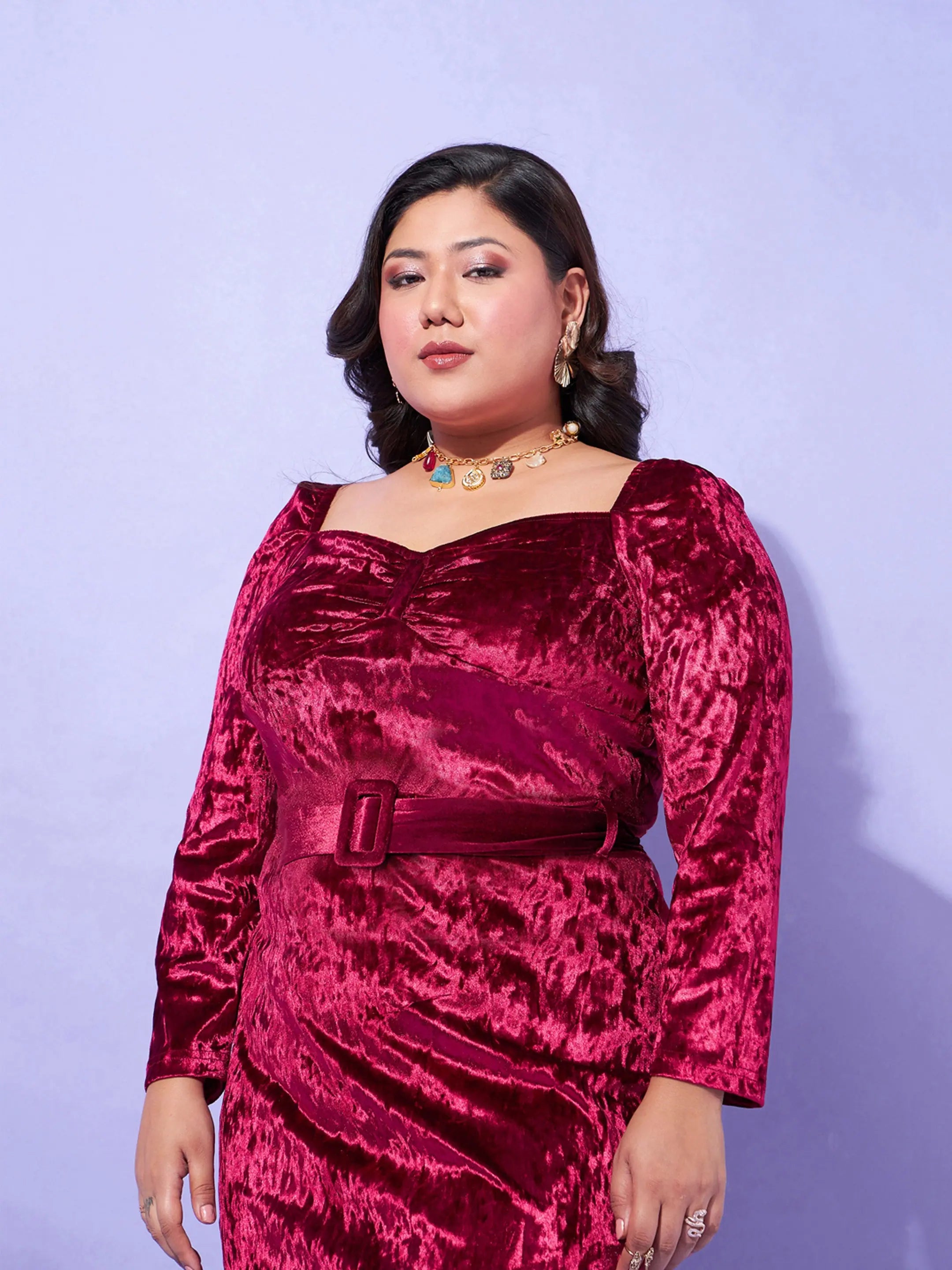 Red Velvet Sweetheart Neck A-Line Dress | Women's Party Wear