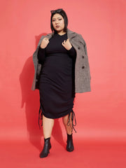 Women Black Rib Side Ruching Bodycon Dress