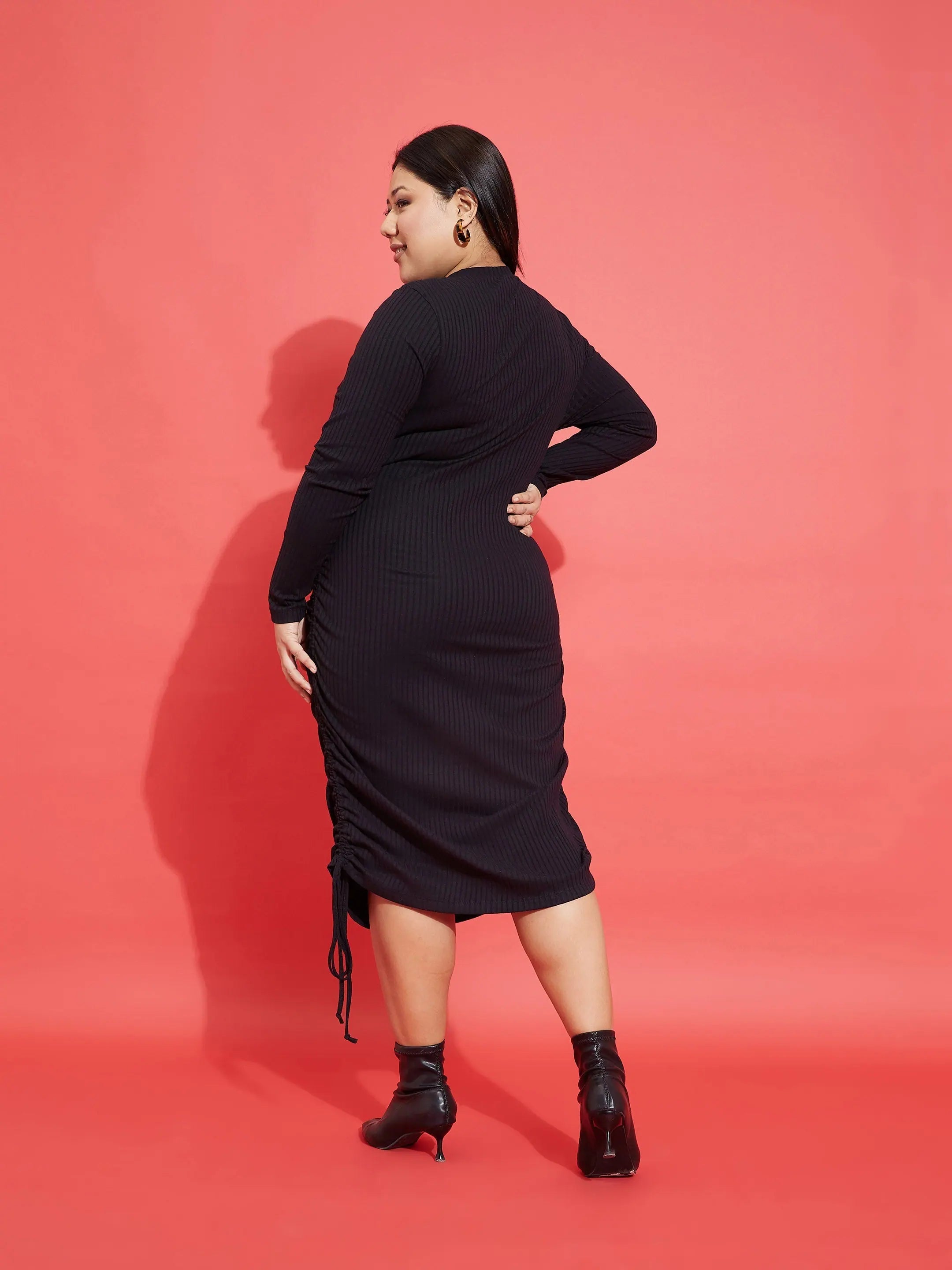 Black Ribbed Bodycon Dress - Side Ruching Knee Length