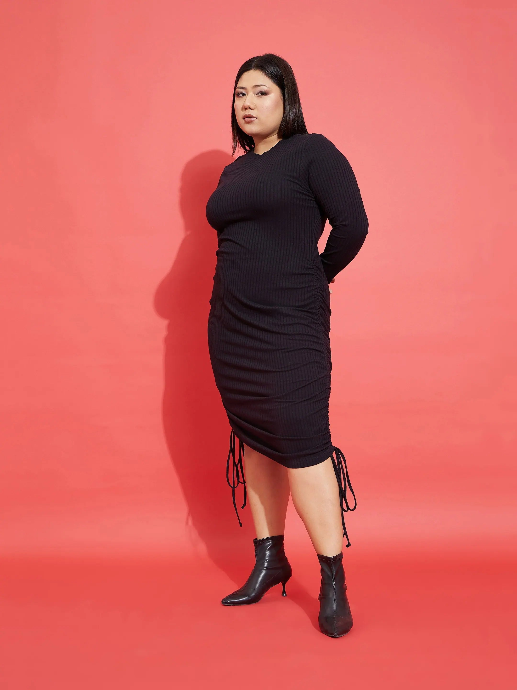 Black Ribbed Bodycon Dress - Side Ruching Knee Length