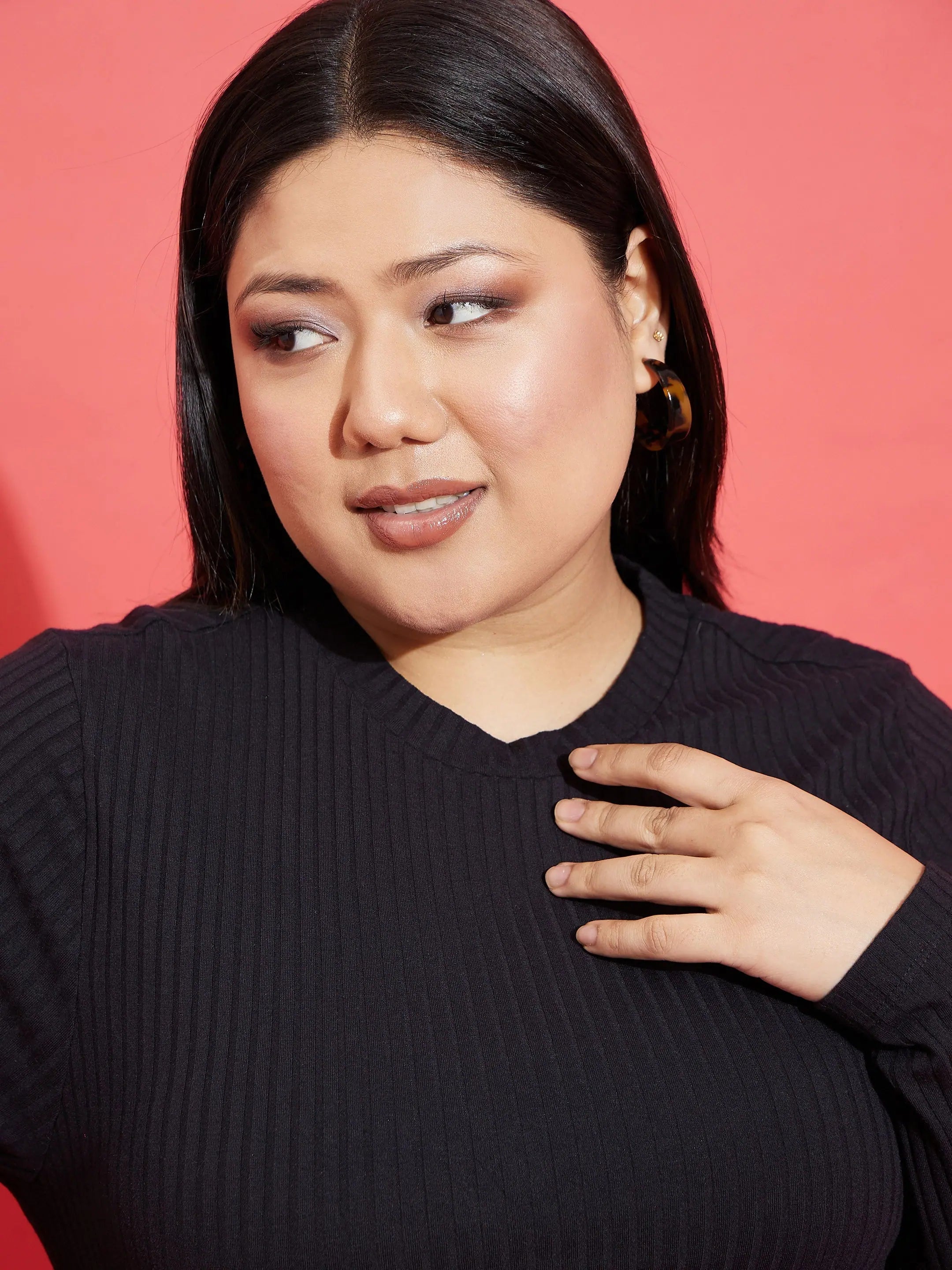 Black Ribbed Bodycon Dress - Side Ruching Knee Length