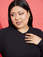 Women Black Rib Side Ruching Bodycon Dress