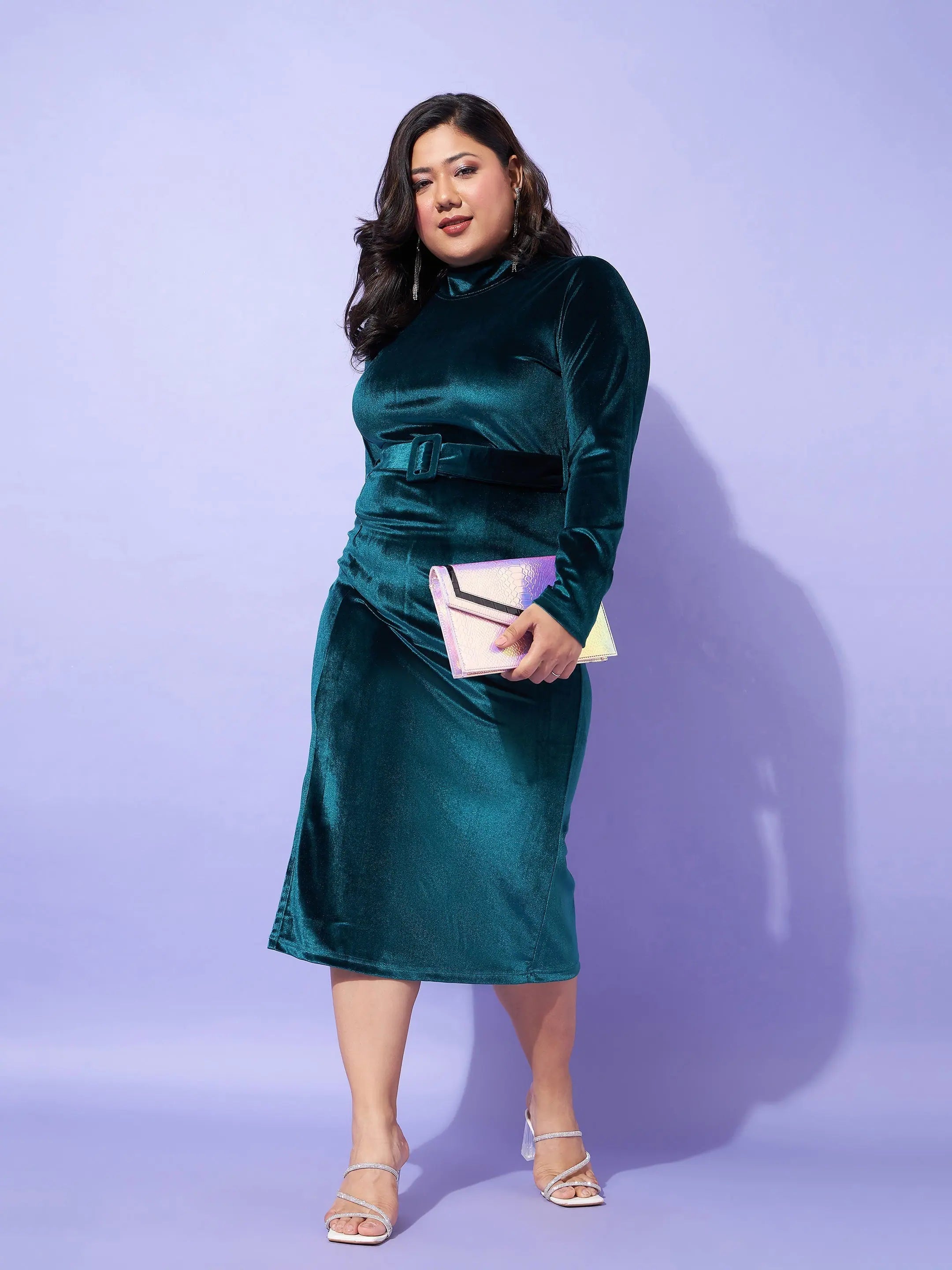 Emerald Velvet Bodycon Dress - Front Slit Midi Dress