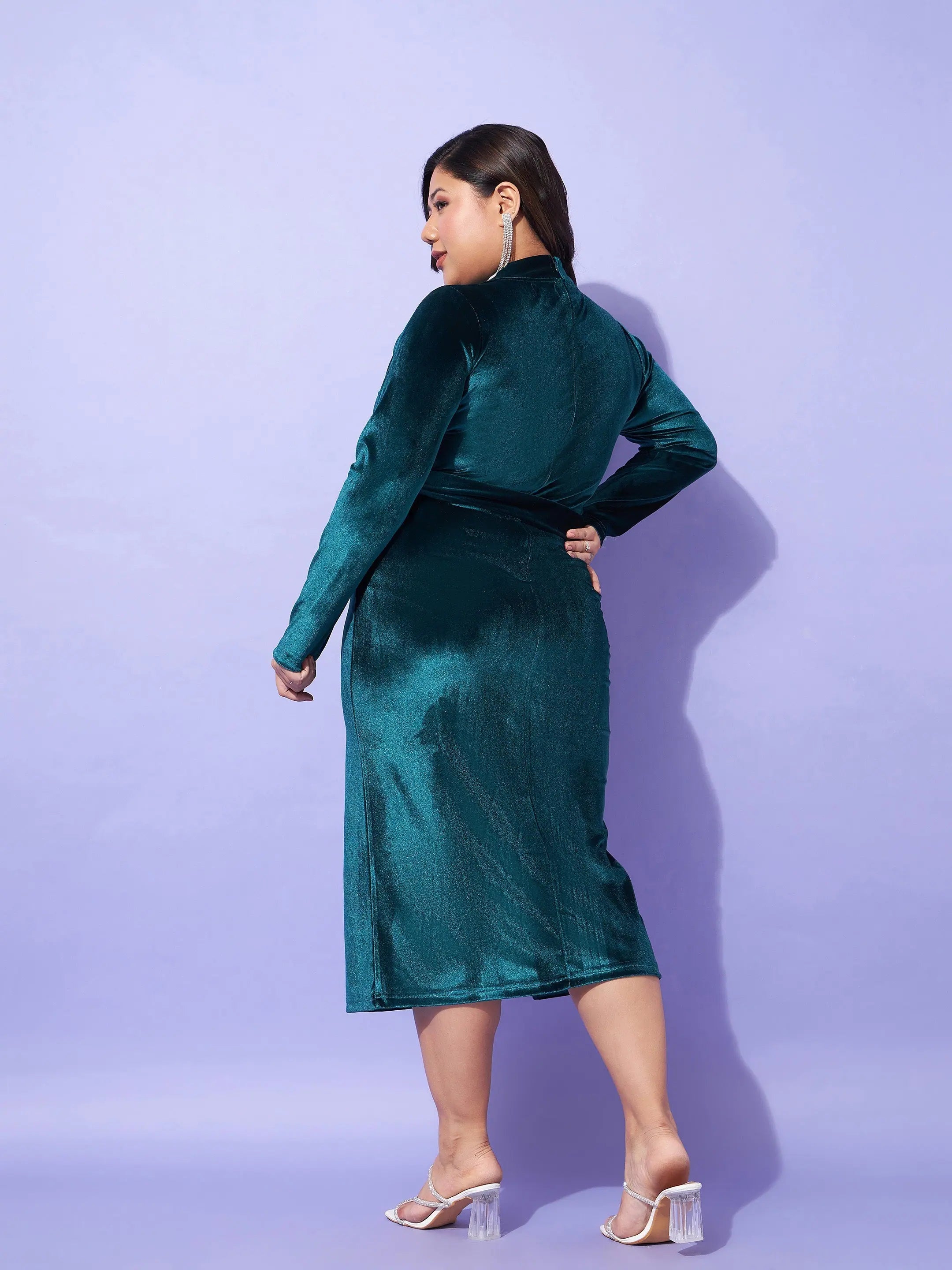 Emerald Velvet Bodycon Dress - Front Slit Midi Dress