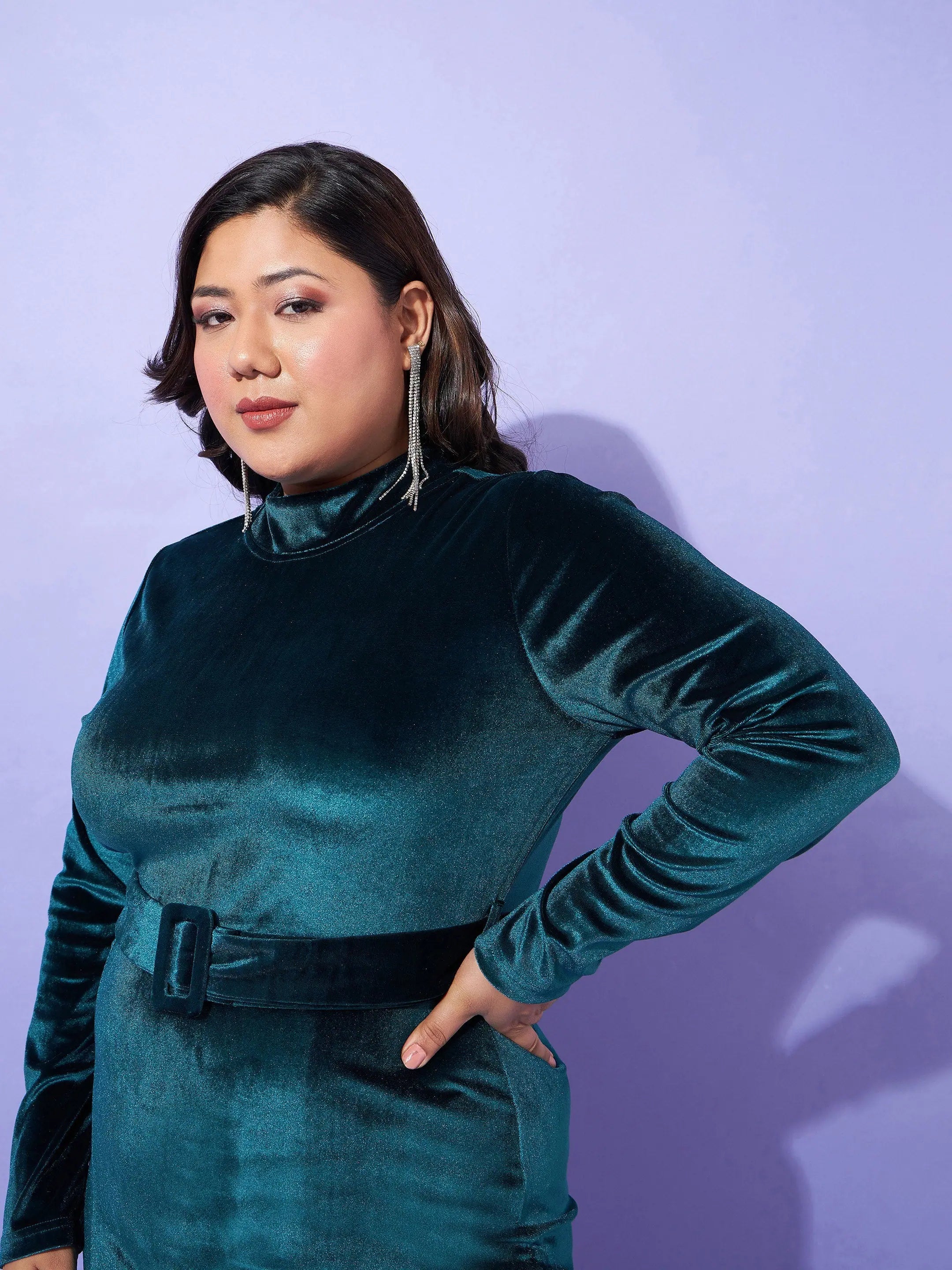 Emerald Velvet Bodycon Dress - Front Slit Midi Dress