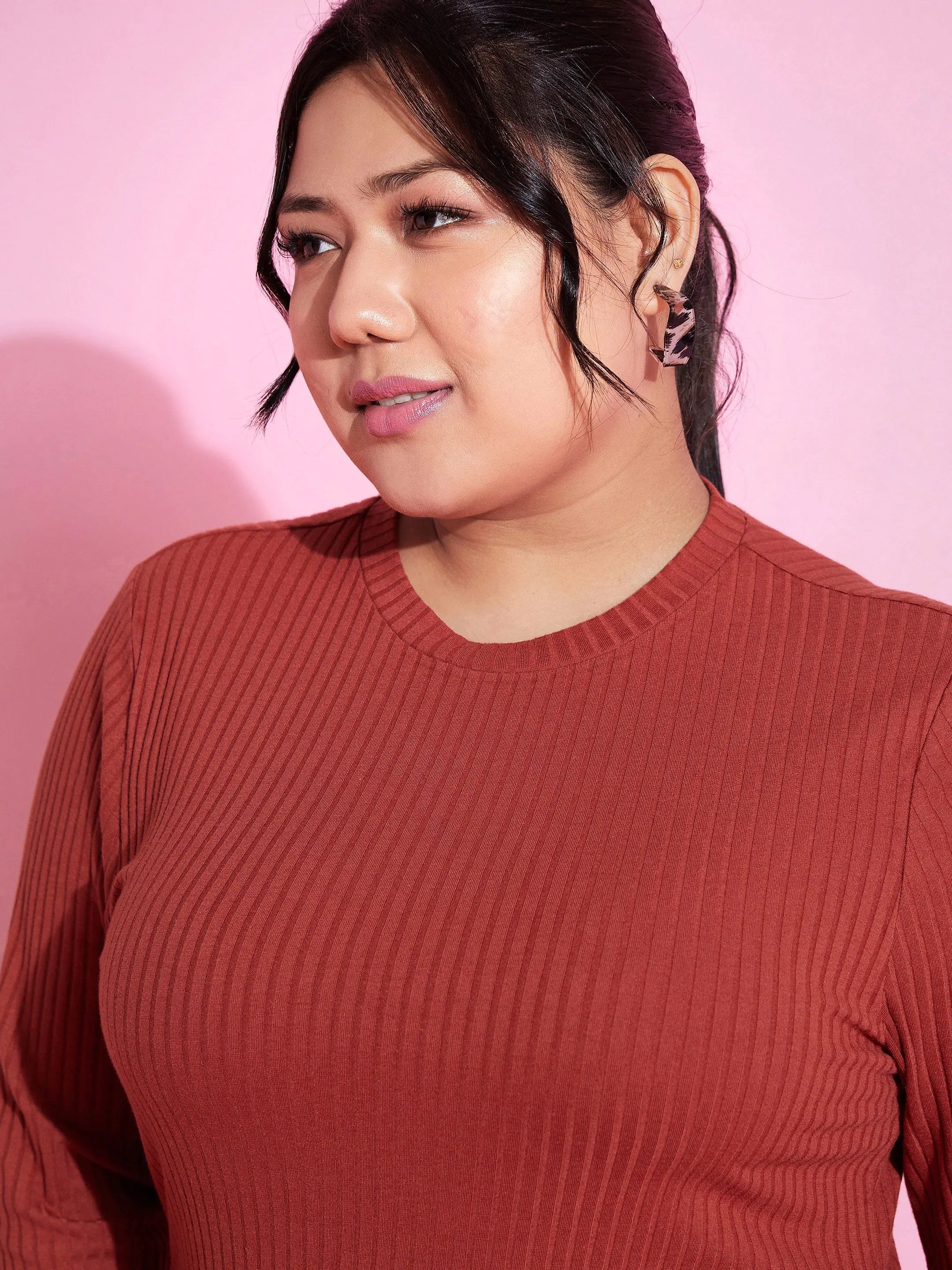 Rust Ribbed Bodycon Dress -  Side Ruching, Flattering Fit