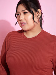 Women Rust Rib Side Ruching Bodycon Dress