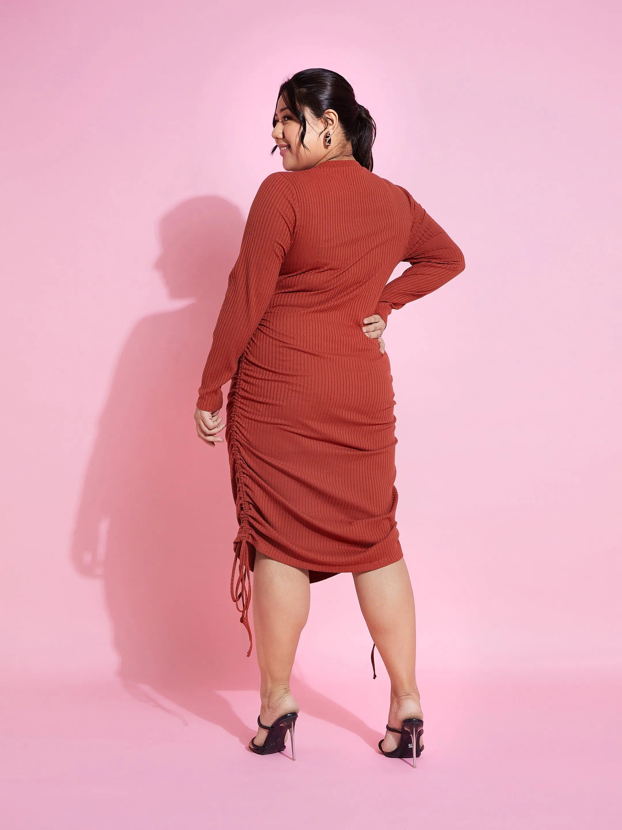 Rust Ribbed Bodycon Dress -  Side Ruching, Flattering Fit