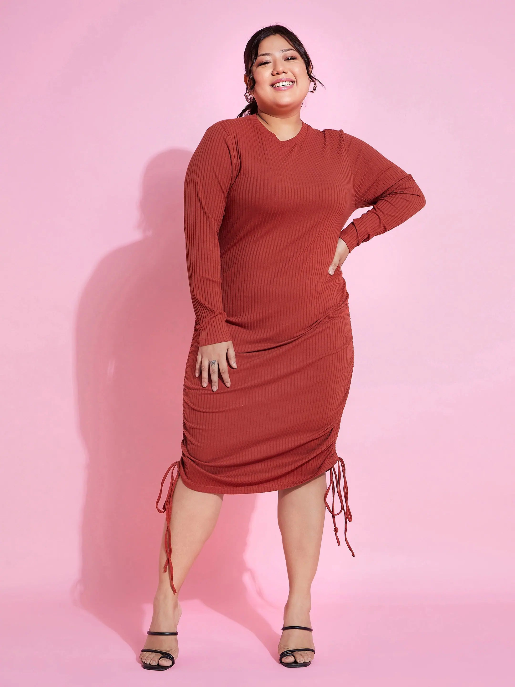 Rust Ribbed Bodycon Dress -  Side Ruching, Flattering Fit