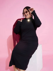 Women Black Rib Side Slit Bodycon Midi Dress-SFDRSS11747XXL