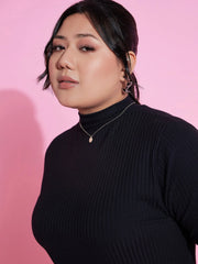 Women Black Rib Side Slit Bodycon Midi Dress-SFDRSS11747XXL