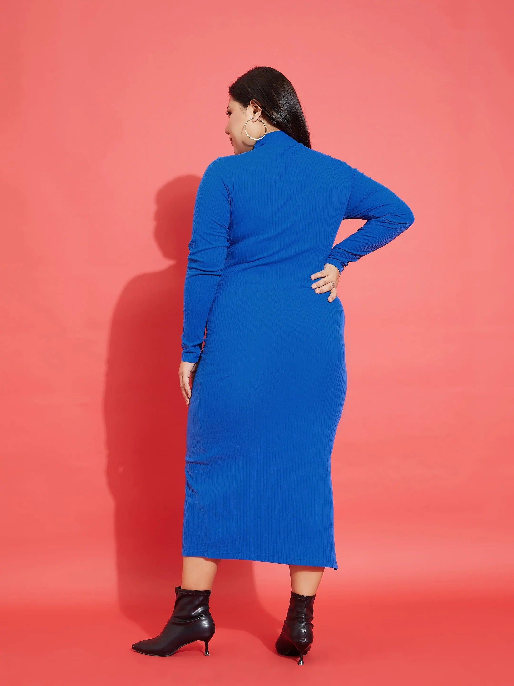 Royal Blue Bodycon Midi Dress -  Rib Fabric & Side Slit Detail