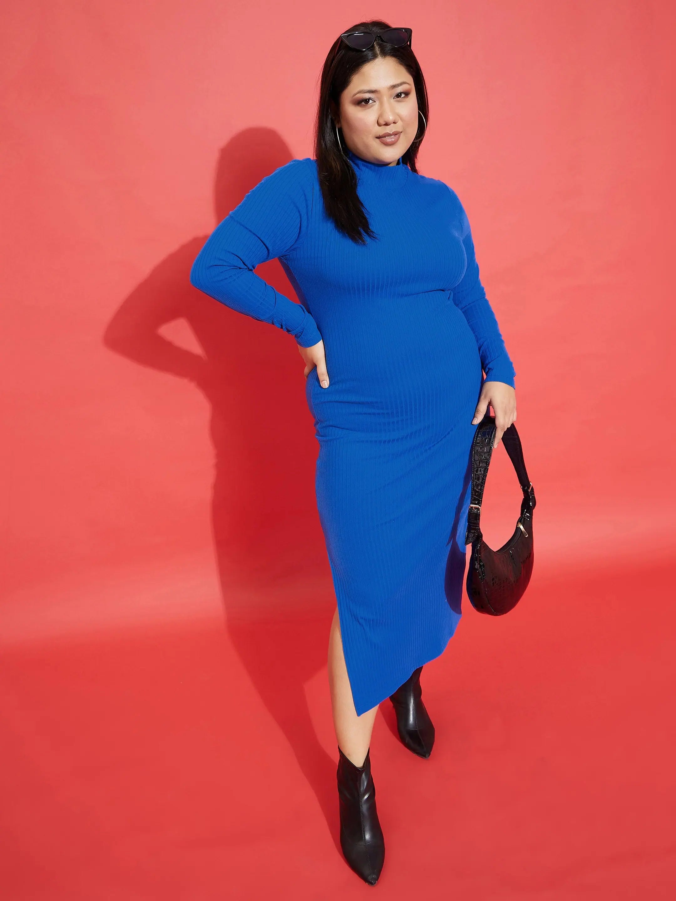 Royal Blue Bodycon Midi Dress -  Rib Fabric & Side Slit Detail