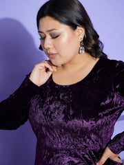 Women Purple Velvet Front Slit Midi Dress