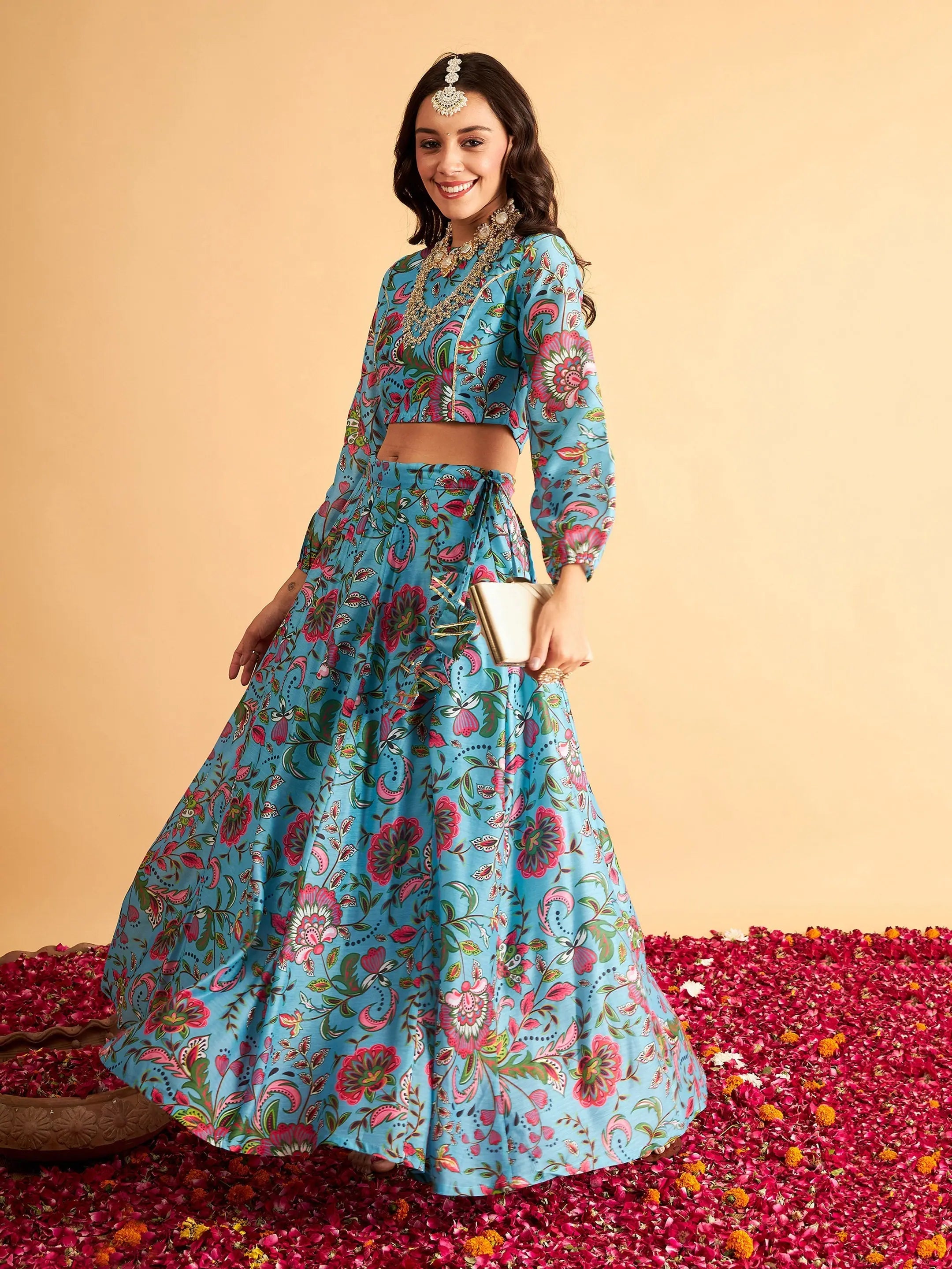 Blue Floral Anarkali Lehenga | Traditional Indian Lehenga Choli