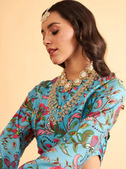 Women Blue Floral Anarkali Side Tussle Skirt With Crop Top