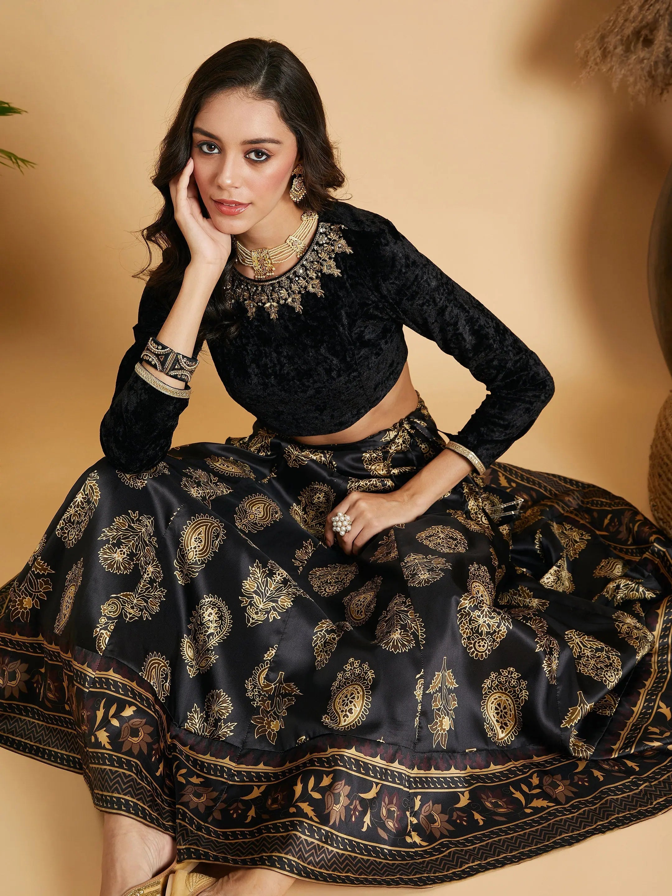 Black Floral Skirt & Velvet Top | Designer Lehenga Choli for W...